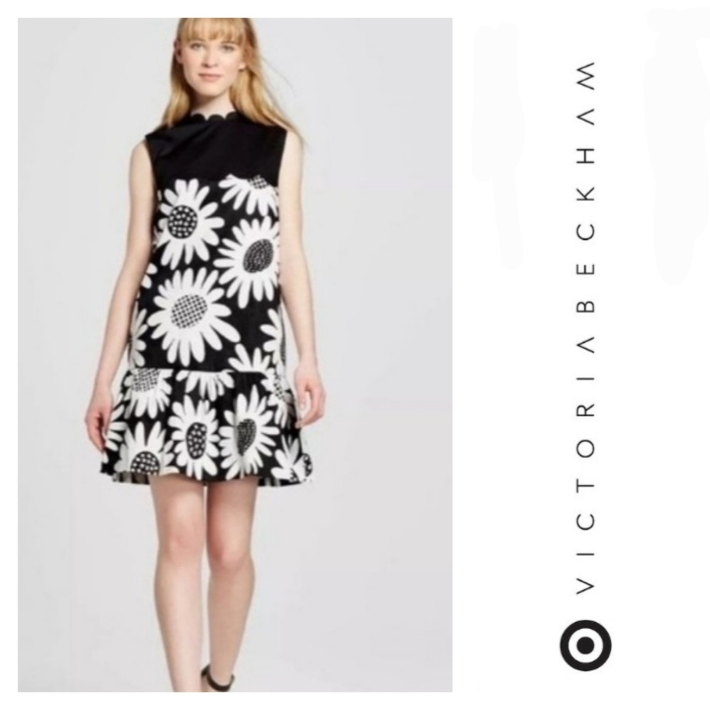 Victoria Beckham Daisy Floral Drop Waist Mini Dress Black White Size Small